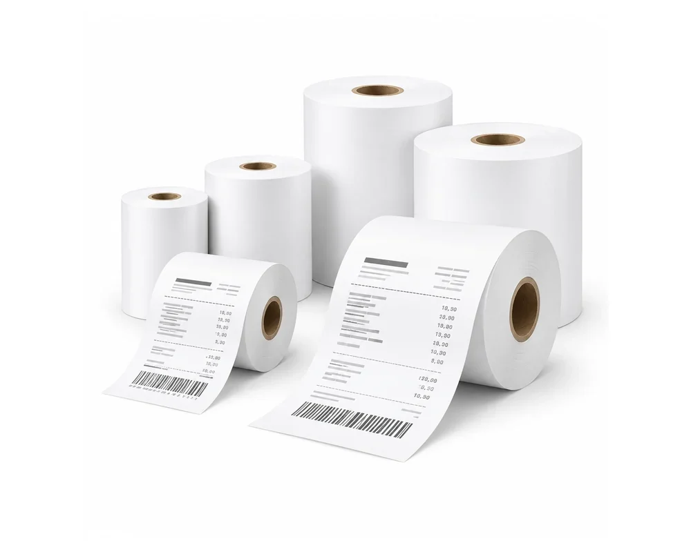 Representative thermal billing receipt paper rolls – 58 mm wide, 15 metres per roll