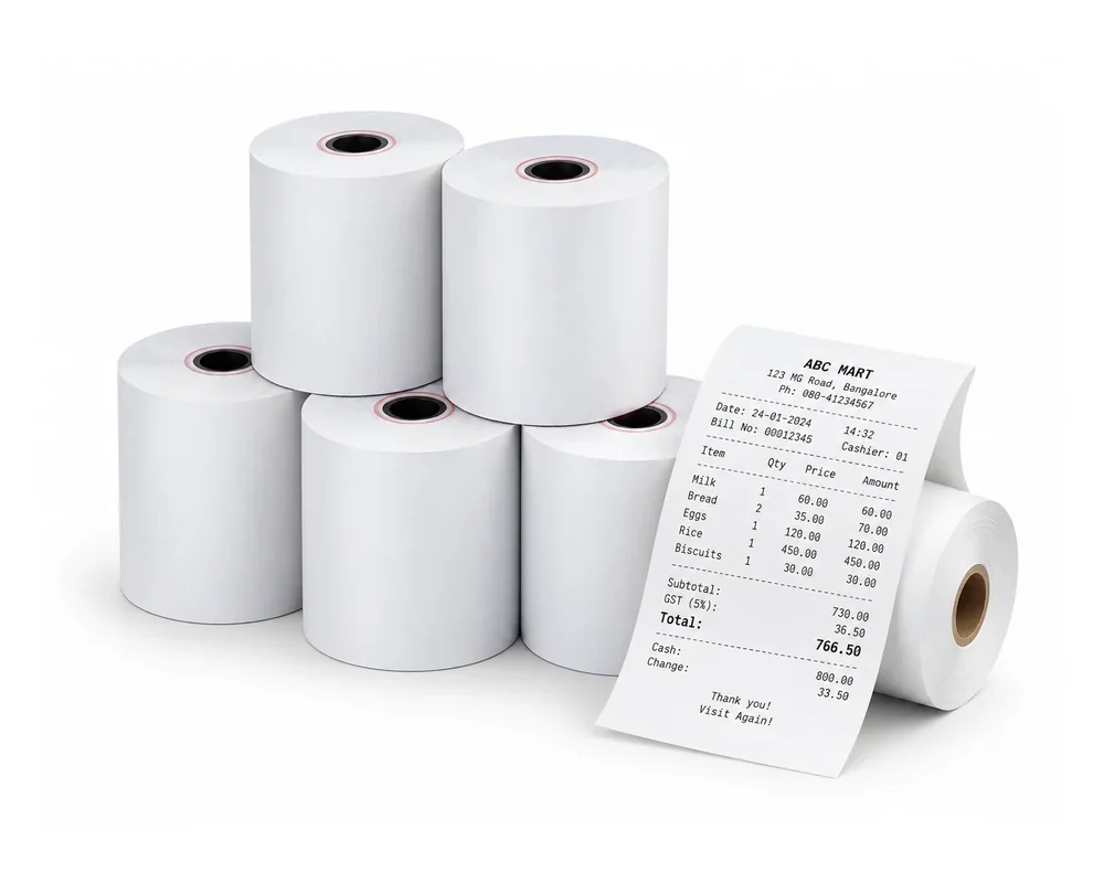 Representative thermal billing receipt paper rolls – 80 mm wide, 30 metres per roll