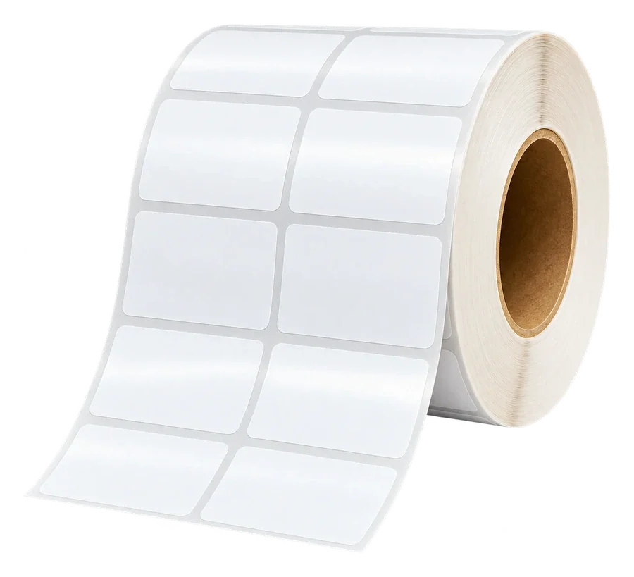 Photorealistic white die-cut barcode label roll on a cardboard core